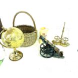 Small desk globe, brass vinegarette, wicker basket etc