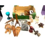 Box of miscellaneous to include Staffordshire dogs, glass tortoise, paper weight etc