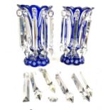 Pair of blue Bohemian glass lustres- height approx 11.5 inches