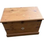 Solid pine blanket box measures approx 21.5 inches tall by 32 wide and 18.5 deep