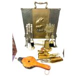 Selection of vintage brass fire items to include a fire screen, companion sets etc