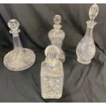 Selection of 4 vintage glass decanters includes ships decanter, crystal glass etc