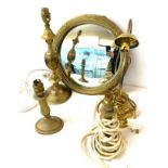Selection of brass items to include brass framed mirror and brass lamp stands