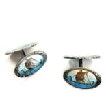 Pair of vintage silver and enamel Norway cufflinks featuring viking long ships