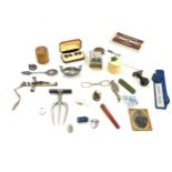 Tray of vintage miscellaneous items to include photo, lorgnettes, brass padlock etc