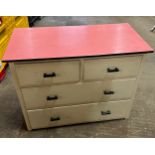 Two over two 60's chest of drawers with red top measures approx 35.5 inches long, 17 wide by 27