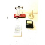 Vintage pharmaceutical Denward Scales by Denwards instruments LTD with a pestle and morter and