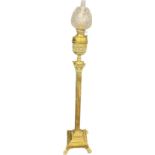Superb victorian brass corinthian column floor standing oil lamp with etched shade