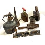Large selection of vintage irons, shoe last, kettle etc