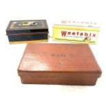 Vintage money tin with key, advertising Weetabix tin and a small leather suitcase