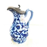 Antique Flow blue and white pewter lidded jug, possibly Minton, approximate height 22cm