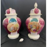 Pair of vintage lidded vases marked Victoria Austria on the base, one lid has damaged 19 inches tall