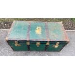 Large vintage metal trunk measures approx 18 inches tall 42 inches wide 19 inches depth