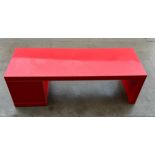 Ikea red glossed coffee table measures approx 15.5 nches tall by 47 inches long and 16.5 deep