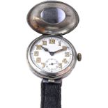 Military ww1 period silver trench half hunter swiss wrist watch with enamelled chapter ring winds