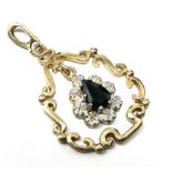 9ct gold sapphire & diamond drop pendant measures approx 3.2cm drop by 1.9cm wide weight 2.3g