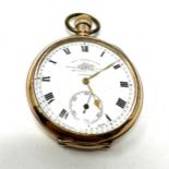 Antique gold plated open face thomas russell & sons pocket watch the watch is ticking