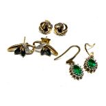 3 x 9ct yellow gold vintage paired earrings inc. synthetic emerald, sapphire, diamond & ruby (4g)
