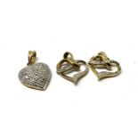 3 x 9ct gold diamond heart pendants (3.7g)