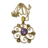 9ct gold antique amethyst & pearl pendant necklace (2.5g)