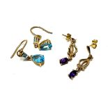 2 x 9ct yellow gold vintage paired earrings inc. topaz & amethyst (3.2g)