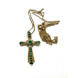 9ct yellow gold vintage diamond & emerald cross pendant necklace (2.8g)