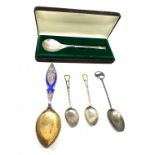 selection of silver spoons inc 2 enamel tea spoons etc