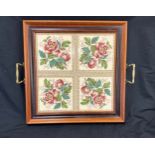 Vintage tile topped tray measures approximately 15 by 15 inches