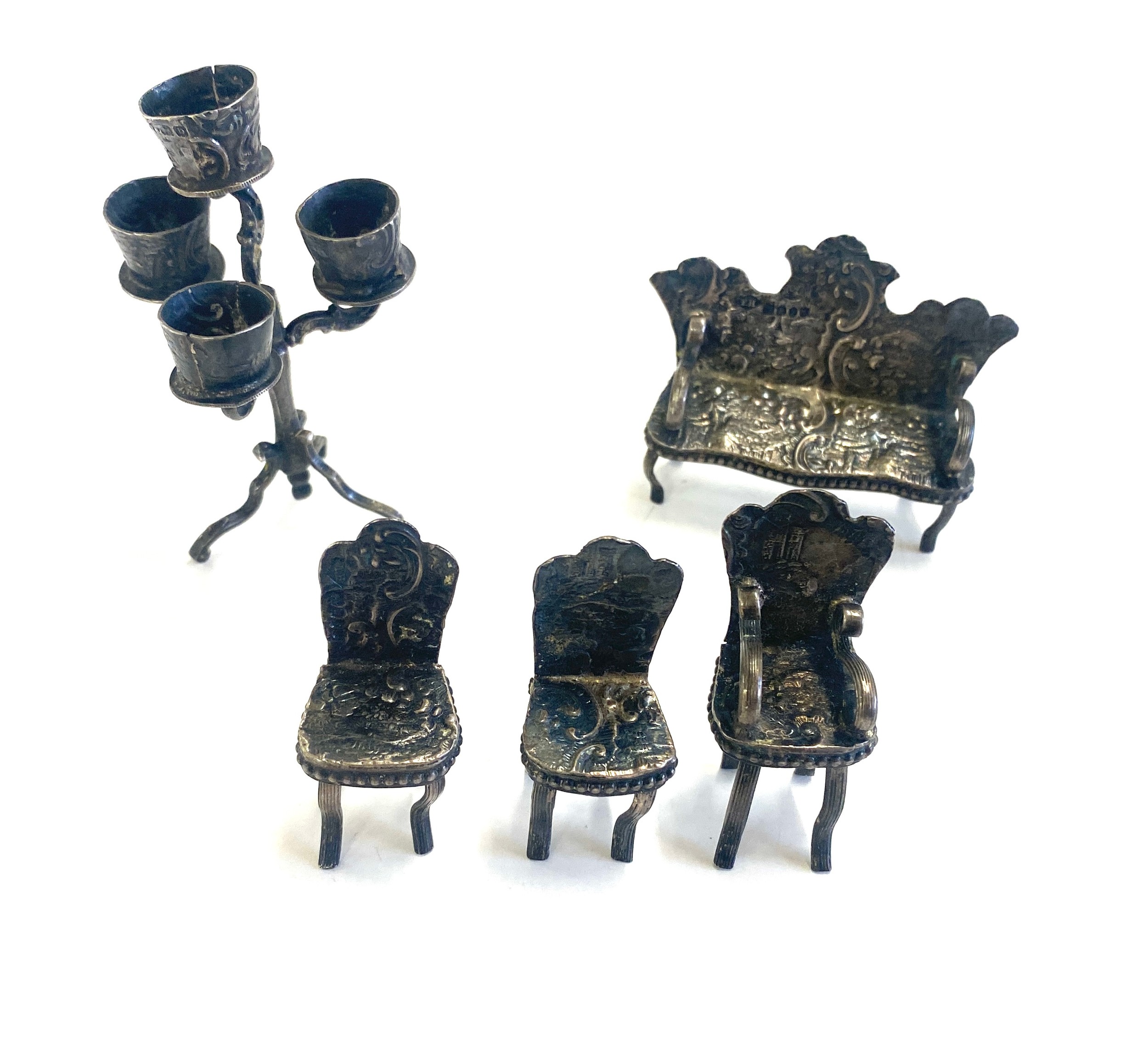 5 Pieces of hallmarked antique silver dolls house miniatures by Theodore Hartmann, London silver