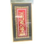 Framed chinese silk with a 5 toad dragon, this symbolises the Monach. it is the sacred symbol of