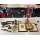 Selection of miscellaneous items includes electric oil lamp, vintage tools such a stanley etc