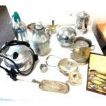 Selection of silver plated items includes soda syphon, Swan electric kettle etc