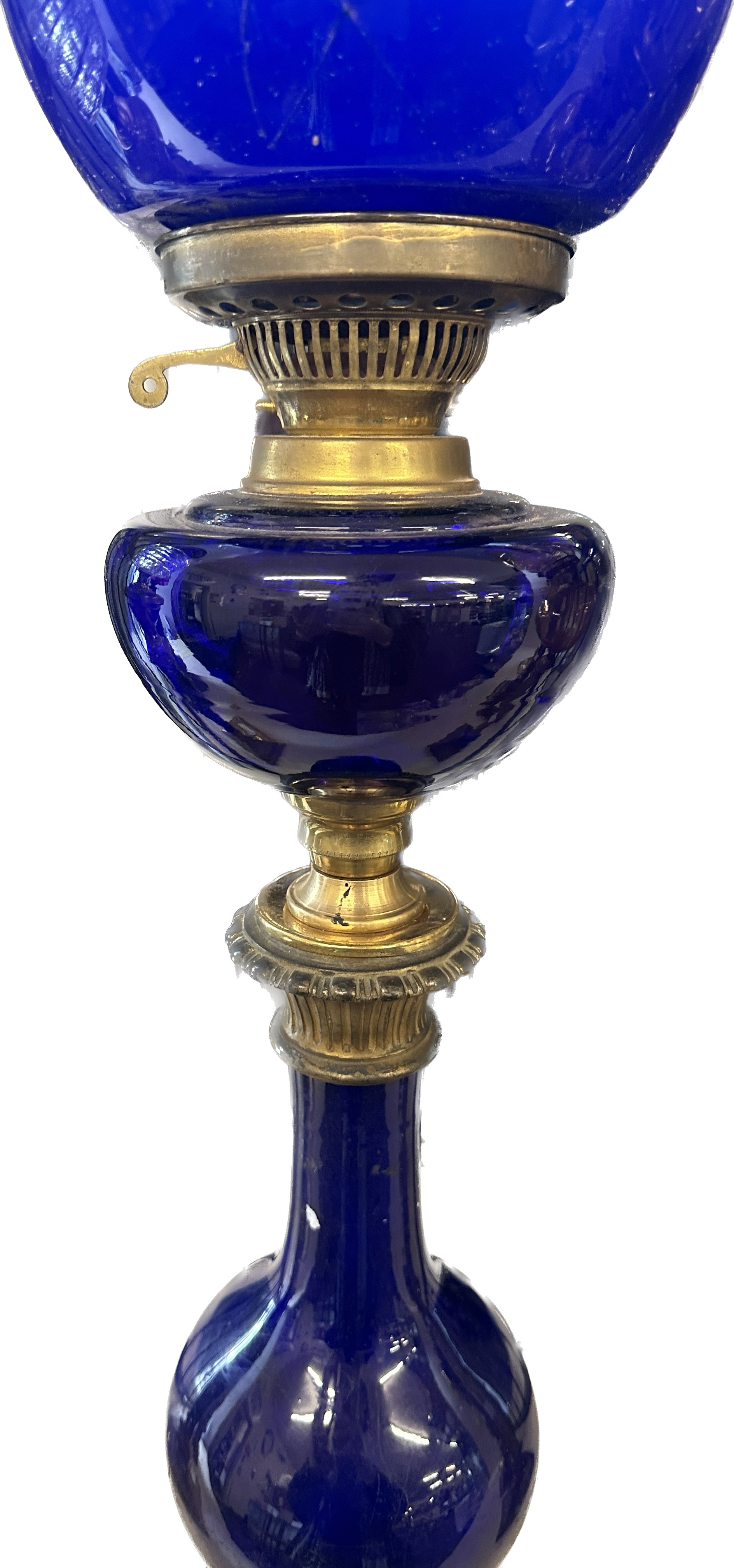 Antique blue glass brass based oil lamp complete with funnel and shade - Image 3 of 5