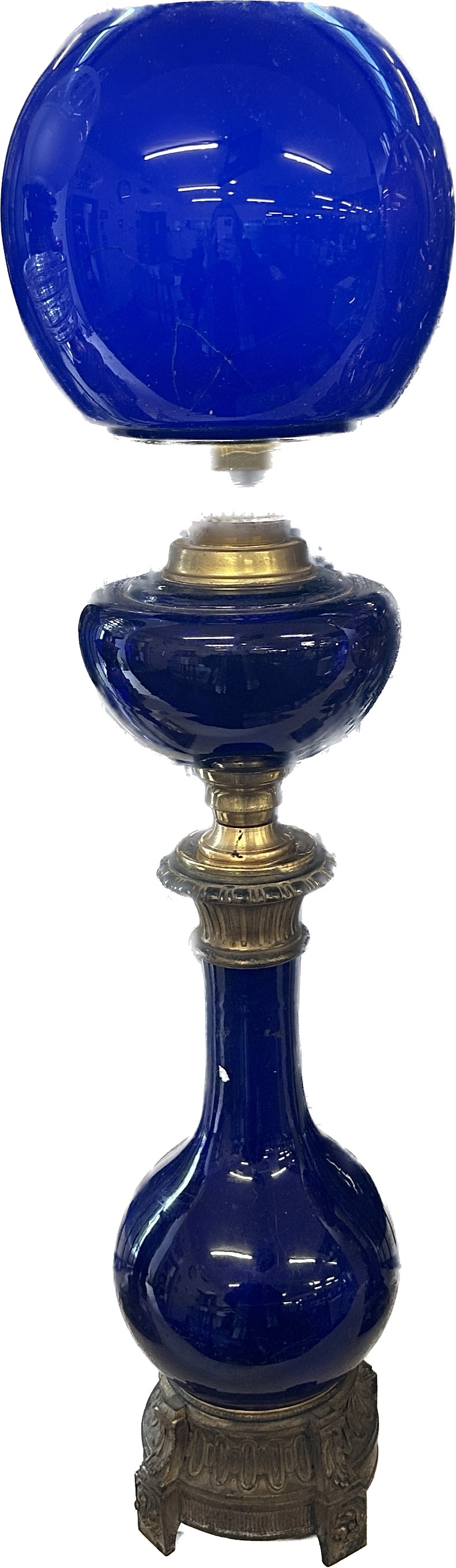 Antique blue glass brass based oil lamp complete with funnel and shade