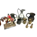 James Dixon coffee pot, old pewter measures and a Spelter Dick Turpin