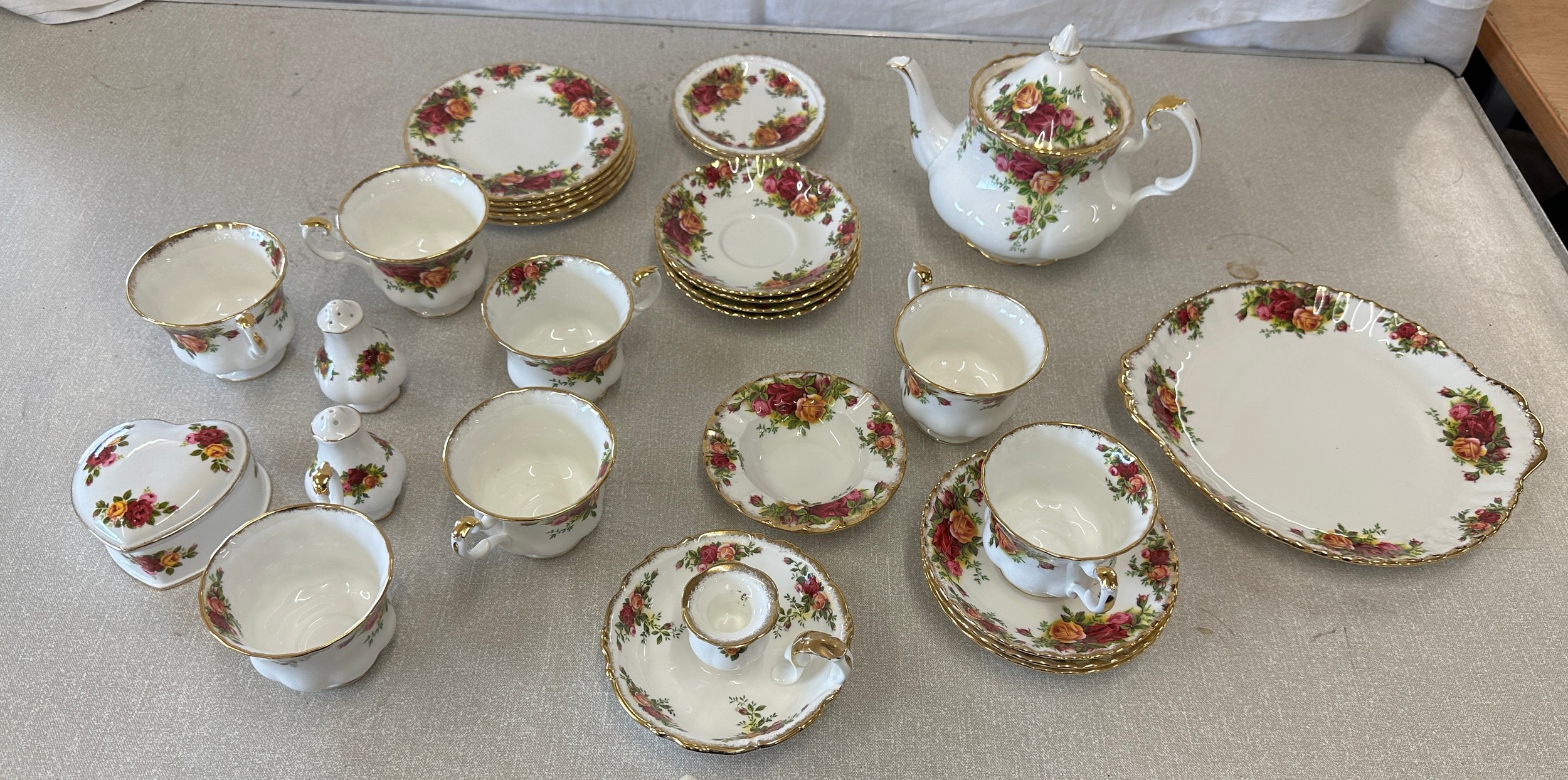 Selection of Royal Albert Old Country Rose part tea service includes tea pot, cups, saucers, salt,