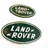 2 vintage cast iron land rover signs, largest measures approximately 10.5 x 5.5 inches