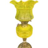 Antique brass bass yellow glass oil lamp complete with funnel and shade