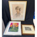 Selection of framed pictures and prints includes a Commemorative sketch by Barrie Linklater measures