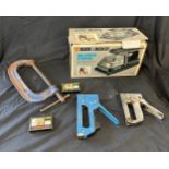 Selection of tools includes Black and decker wall paper stripper, g clamps, staplers etc