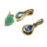 3 x 9ct gold gemstone pendants inc. emerald, topaz, tanzanite (2g)