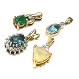 4 x 9ct gold pendants inc. diamond, topaz, emerald & opal (2.8g)