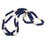 9ct gold clasp rice pearl & blue gemstone necklace with gold spacers (7.7g)