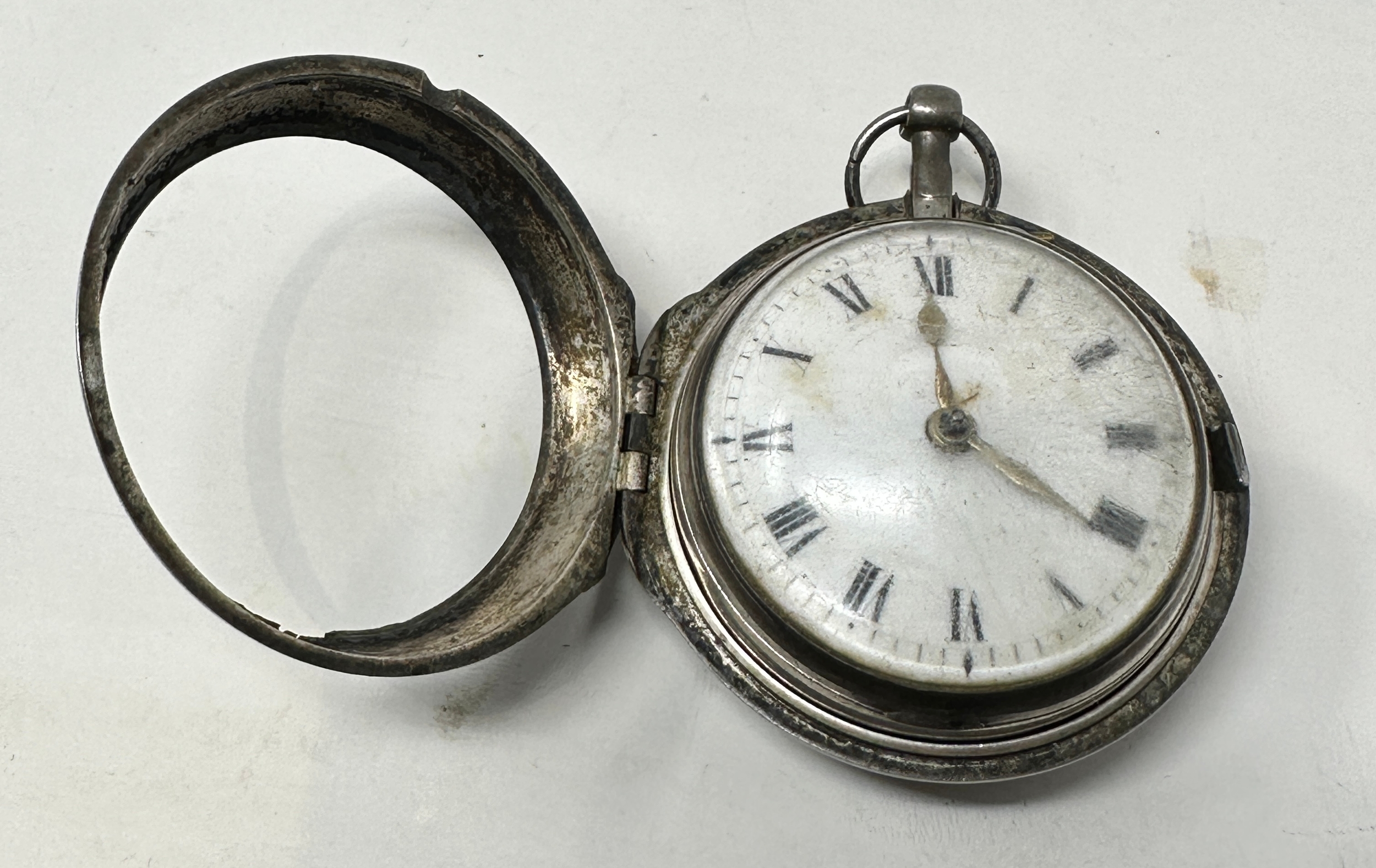 Antique silver pair case fusee verge pocket watch the watch is not ticking