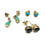 3 x 9ct gold paired earrings inc. sapphire, emerald, turquoise (2.1g)