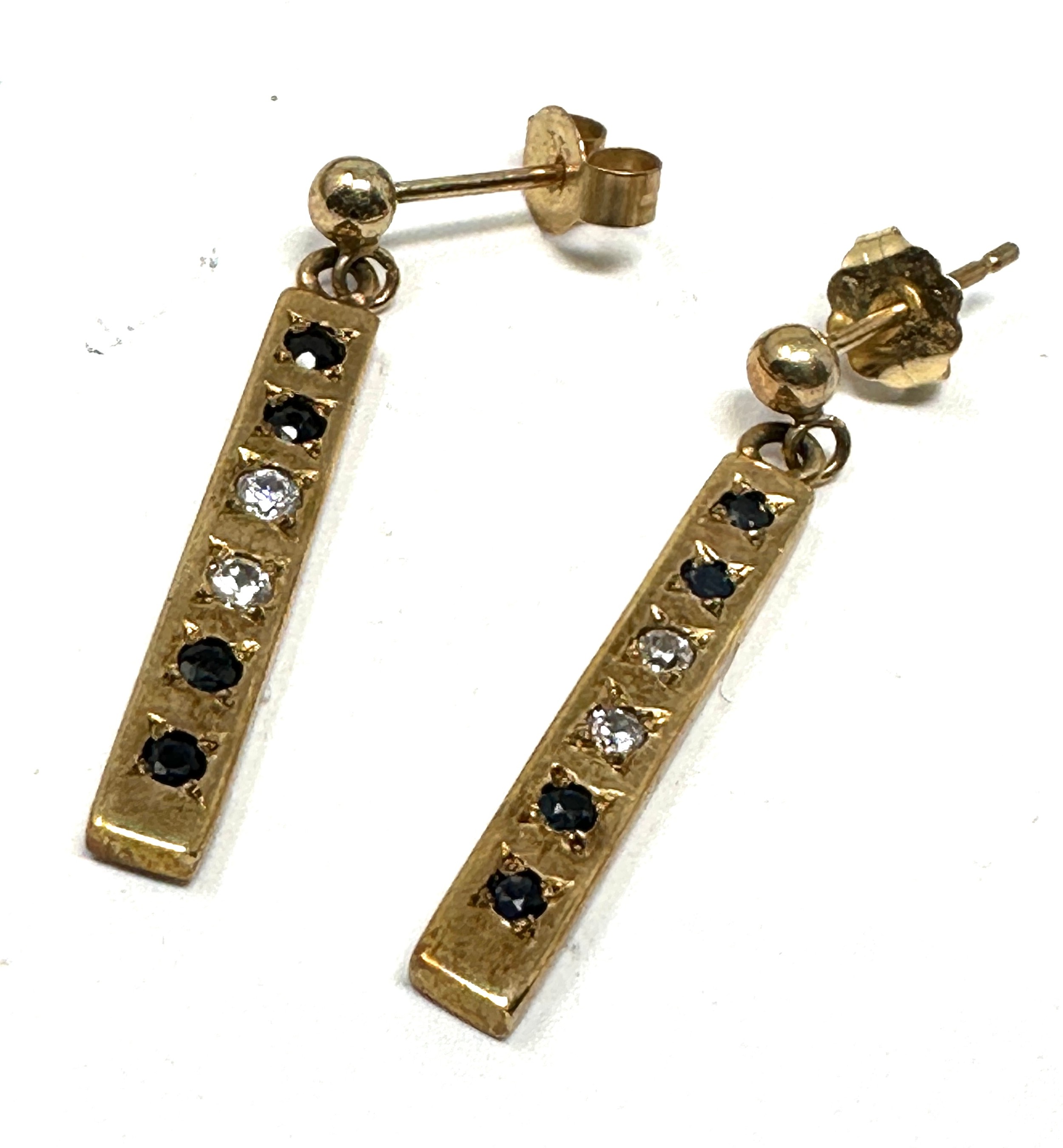 9ct yellow gold vintage diamond & sapphire drop earrings (2.8g)