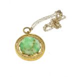 Chinese high carat gold carved jade pendant necklace on 9ct gold chain (8.9g)