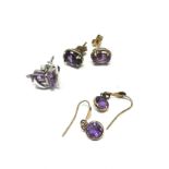 3 x 9ct gold paired amethyst earrings inc. white gold (2.7g)