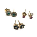 3 x 9ct gold paired gemstone earrings inc. emerald, sapphire, ruby (1.8g)