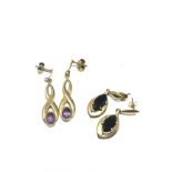 2 x 9ct gold paired earrings inc amethyst, sapphire (5.3g)